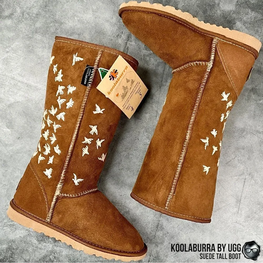 UGG KOOLABURRA PEACE TALL BOOTS CHESTNUT SUEDE SHEEPSKIN FLYING BIRDS DOVE FLOCK